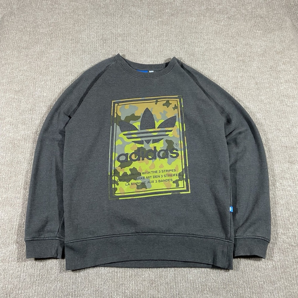 Vintage Adidas Originals Sweatshirt Mens Medium Grey Camo Trefoil Logo Crewneck